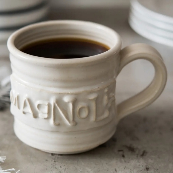 Magnolia Coffee Mug Handmade Black Oak Pottery Cream 3D Silos